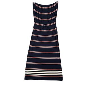 J Crew Strapless Maxi Tube Dress Size M Navy Blue White Red Stripe Elastic Waist